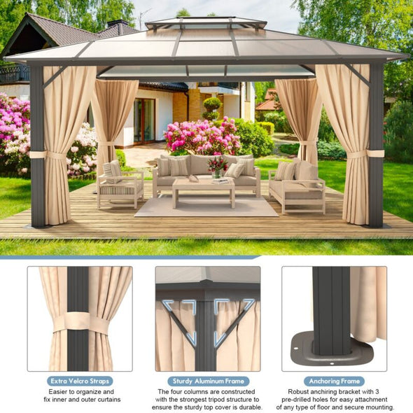 10'x13' PVC Roof Gazebo - Aluminum Frame, Double Roof & Privacy Curtains