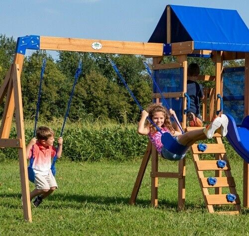 Cedar Wood Kids Playground Set with Swings, Slide, Fort & Chalk Wall