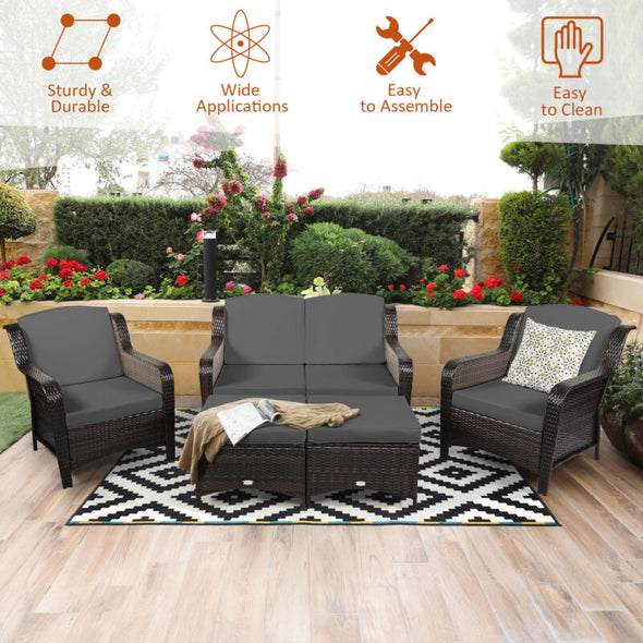 5-Piece Rattan Patio Furniture Set with Cushions – Outdoor Sofa & Ottoman