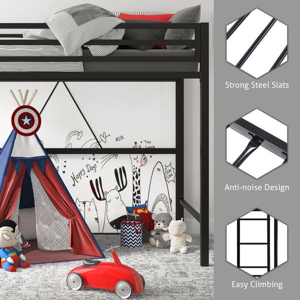 Metal Twin Loft Bed Frame with Desk, Guardrail, Ladder, and 400lb Capacity