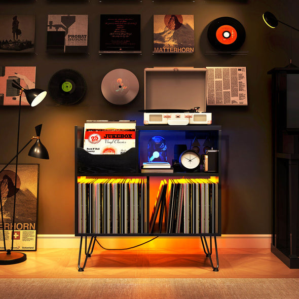 Vinyl Record Player Stand with Storage, Built-In Power Station