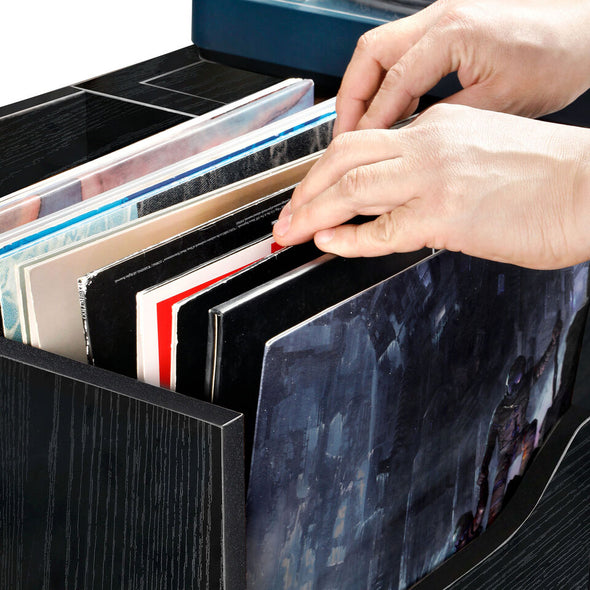 Vinyl Record Player Stand with Storage, Built-In Power Station