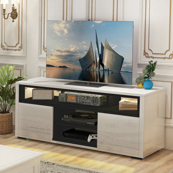 Modern White Gloss TV Stand with LED Lights, Storage for TVs up to 60