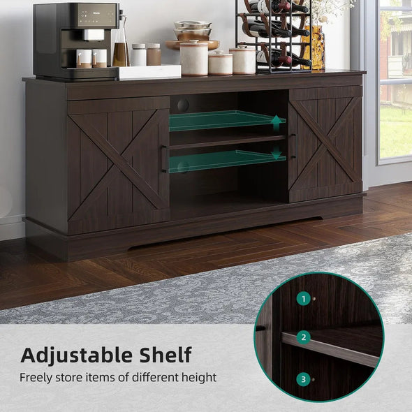 Farmhouse Coffee Bar Cabinet With Storage, Adjustable Shelves