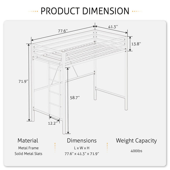 Metal Twin Loft Bed Frame with Desk, Guardrail, Ladder, and 400lb Capacity