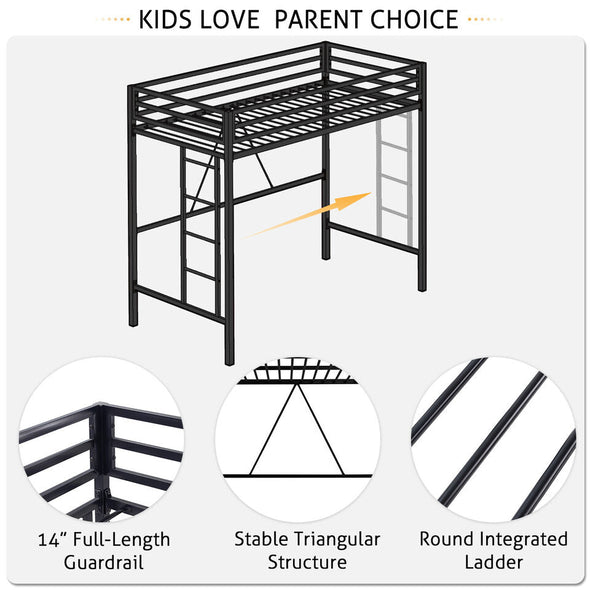 Metal Twin Loft Bed Frame with Desk, Guardrail, Ladder, and 400lb Capacity