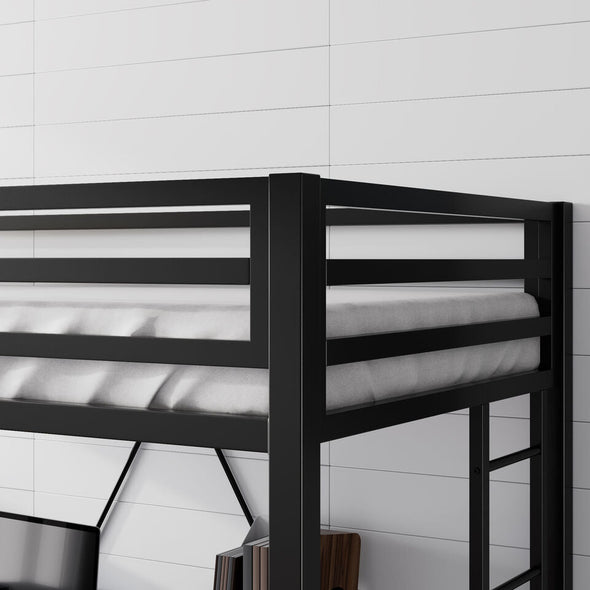 Metal Twin Loft Bed Frame with Desk, Guardrail, Ladder, and 400lb Capacity