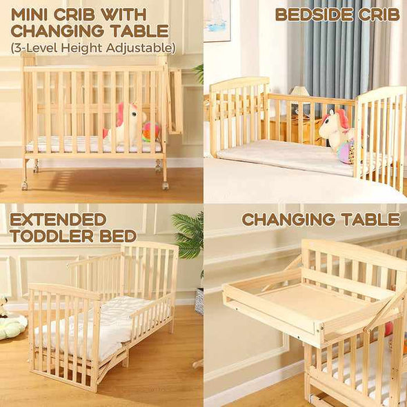 Small Space Mini Convertible Crib With Changing Table & Wheels - Aroflit