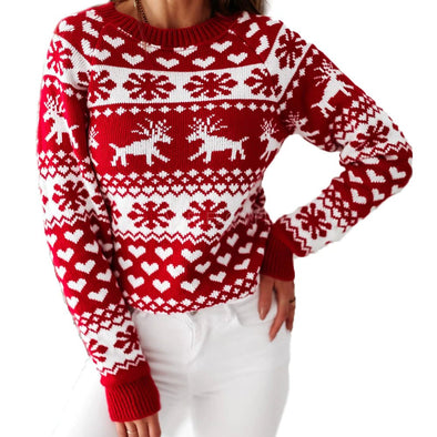 SUZI™ Red Woman’s Christmas Elk Snowflake Print Sweater - Aroflit