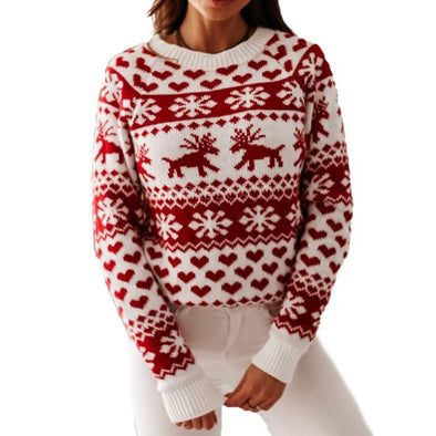 SUZI™ White Woman’s Christmas Elk Snowflake Print Sweater - Aroflit