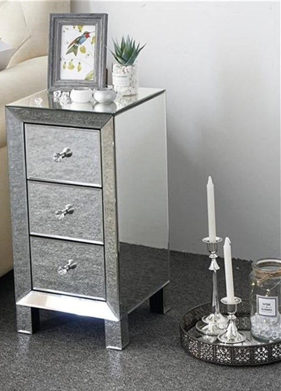 Three - Drawer Silver Mirrored Bedside Table – Elegant and Functional - Aroflit