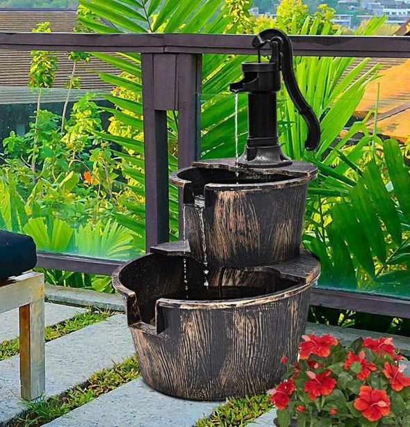 Two - Tier Barrel Water Fountain Garden Pump Cascade - Aroflit
