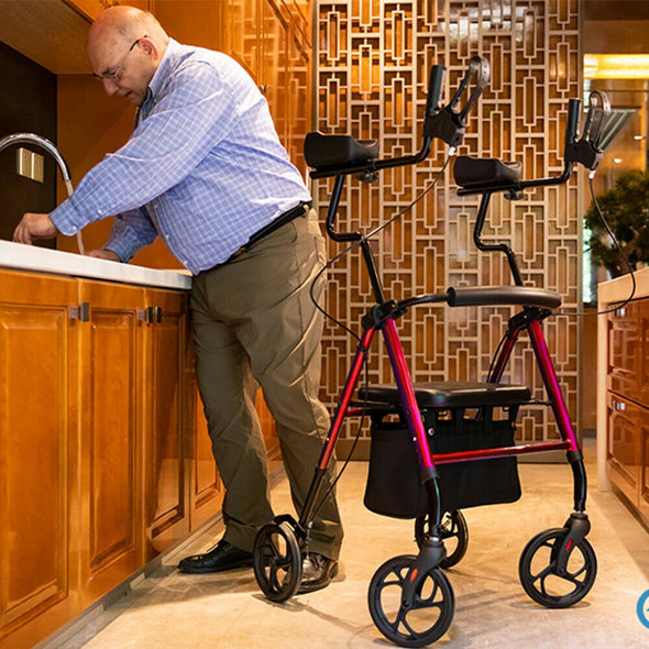 Upgraded Senior Upright Walker with Adjustable Seat, Armrests & Brakes - Aroflit