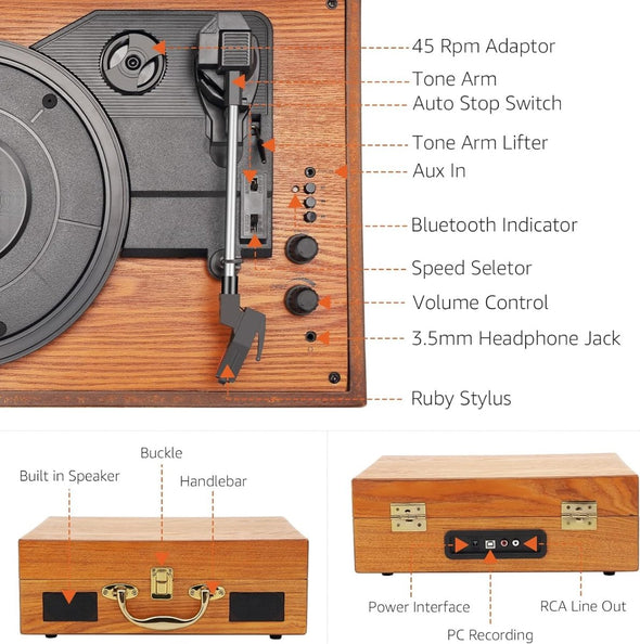 Vintage Suitcase Vinyl Turntable with Bluetooth & Digital Conversion - Aroflit