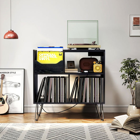 Vinyl Record Player Stand with Storage, Built - In Power Station - Aroflit