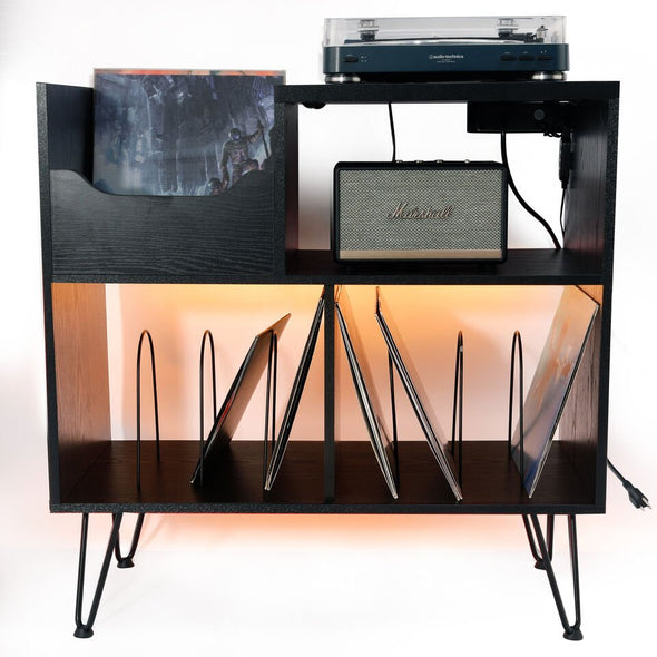 Vinyl Record Player Stand with Storage, Built - In Power Station - Aroflit