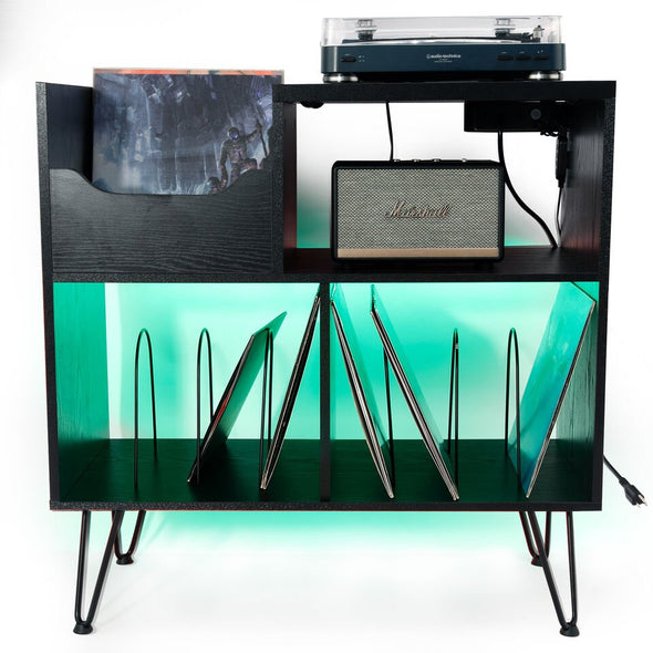 Vinyl Record Player Stand with Storage, Built - In Power Station - Aroflit