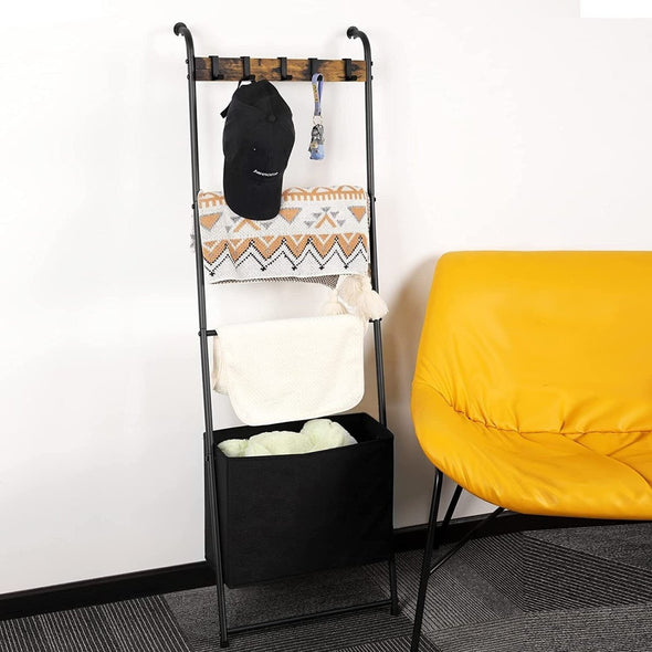 Wall Mounted Black Metal Quilt Blanket Throw Ladder Rack with Storage - Aroflit