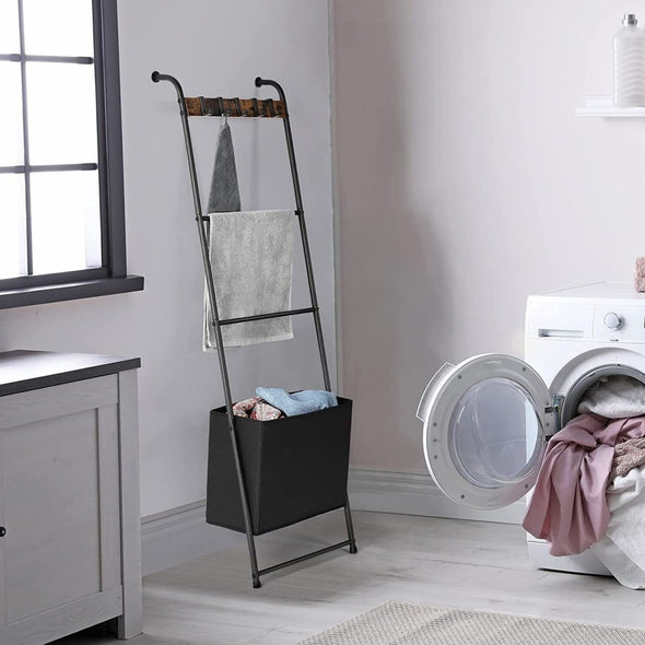 Wall Mounted Black Metal Quilt Blanket Throw Ladder Rack with Storage - Aroflit