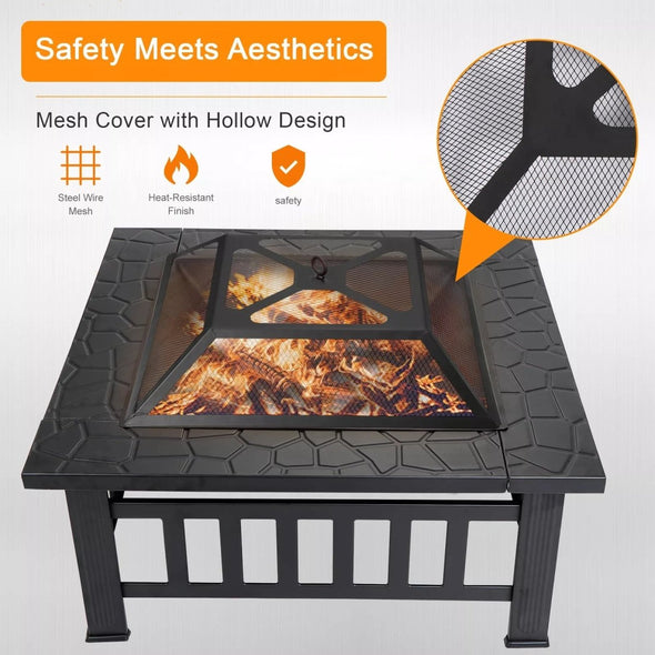 Wood Burning Fire Pit Backyard Fireplace with Cover, 32" Heater - Aroflit