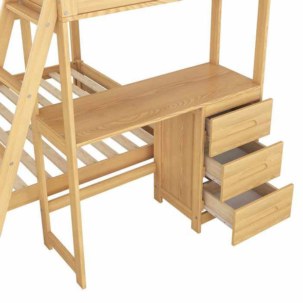 Wooden Twin Over Full Bunk Bed With Desk - Aroflit