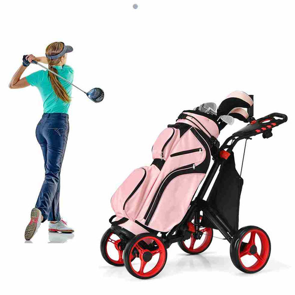 4 Wheels Folding Golf Push Cart With Bag Scoreboard Adjustable Handle - Aroflit