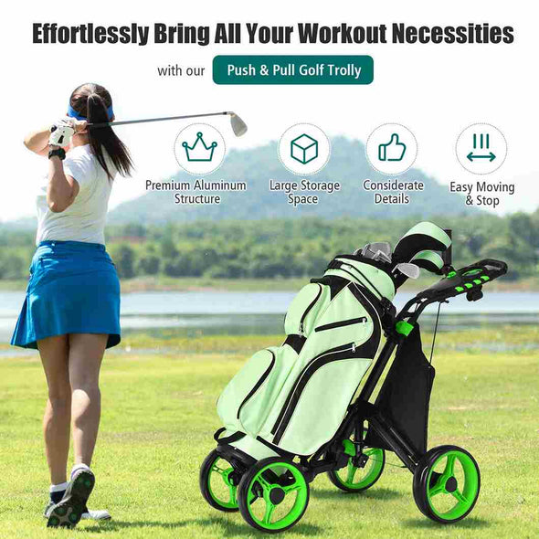 4 Wheels Folding Golf Push Cart With Bag Scoreboard Adjustable Handle - Aroflit