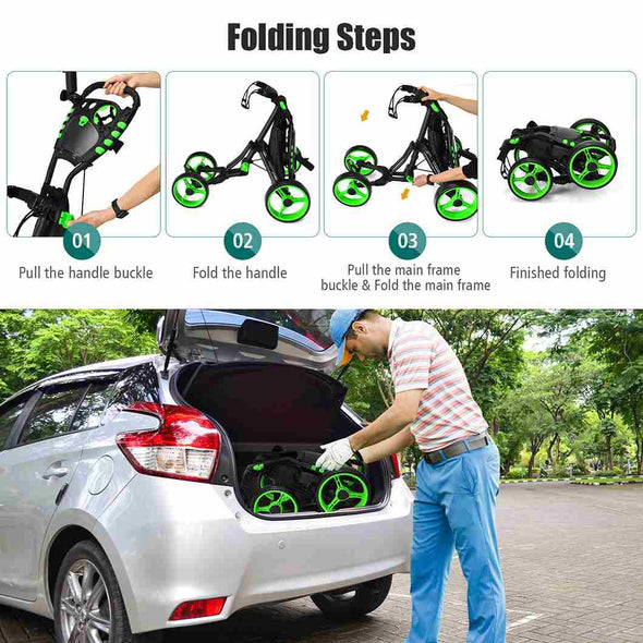 4 Wheels Folding Golf Push Cart With Bag Scoreboard Adjustable Handle - Aroflit
