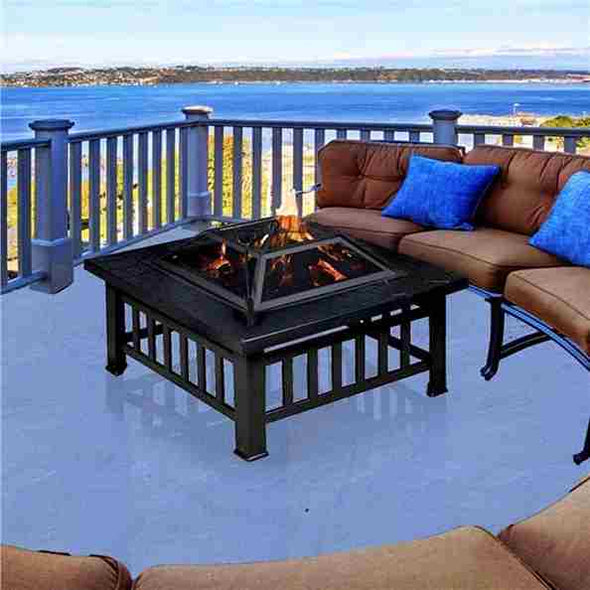 Aroflit 32" Black Crossweave Wood Burning Fire Pit with Spark Screen and BBQ Grill - Aroflit
