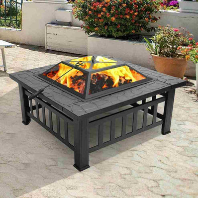 Aroflit 32" Black Crossweave Wood Burning Fire Pit with Spark Screen and BBQ Grill-Aroflit