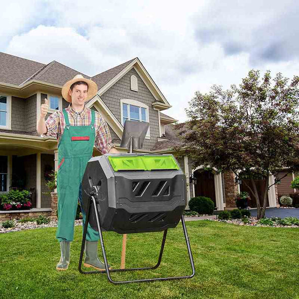 Large Compost Tumbler Bin - Outdoor Garden Rotating Dual Compartment Compost - Aroflit