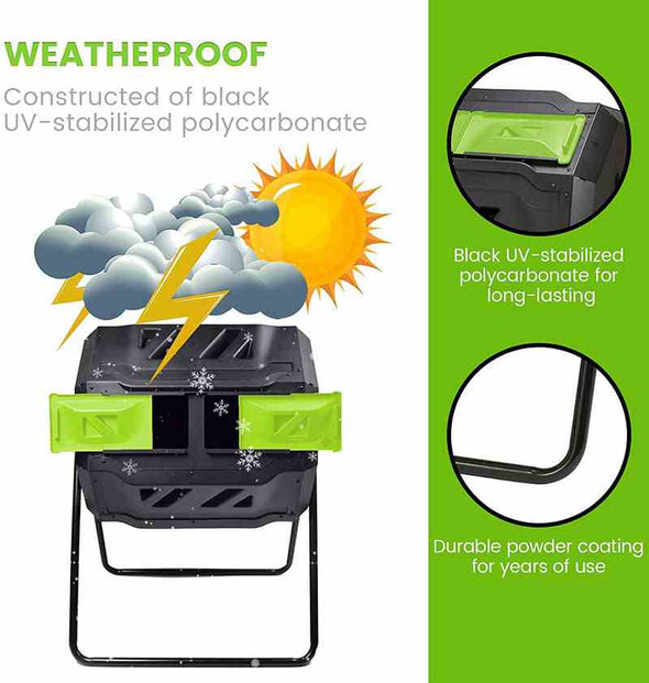 Large Compost Tumbler Bin - Outdoor Garden Rotating Dual Compartment Compost - Aroflit