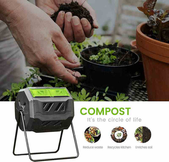 Large Compost Tumbler Bin - Outdoor Garden Rotating Dual Compartment Compost - Aroflit