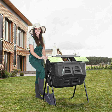 Large Compost Tumbler Bin - Outdoor Garden Rotating Dual Compartment Compost-Aroflit